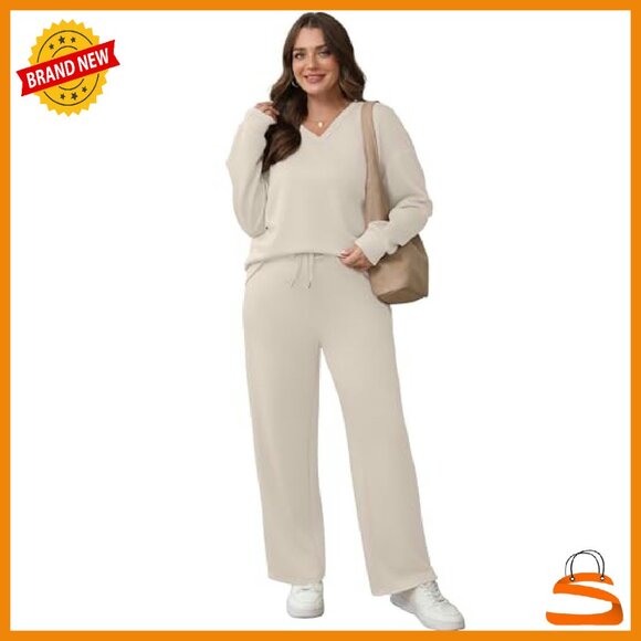 V-Neck Lounge Set with Wide Leg Pants, Soft 2-Piece Sweatsuit - Picture 5 of 8